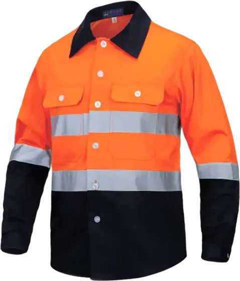 Orange and navy hi-vis work shirt with reflective tape