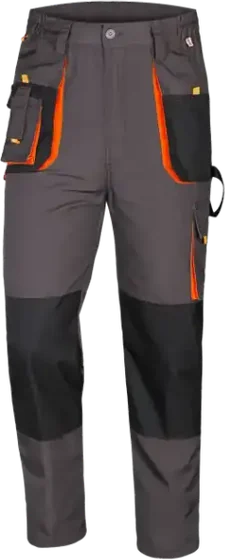 Grey and black work pants with orange trim